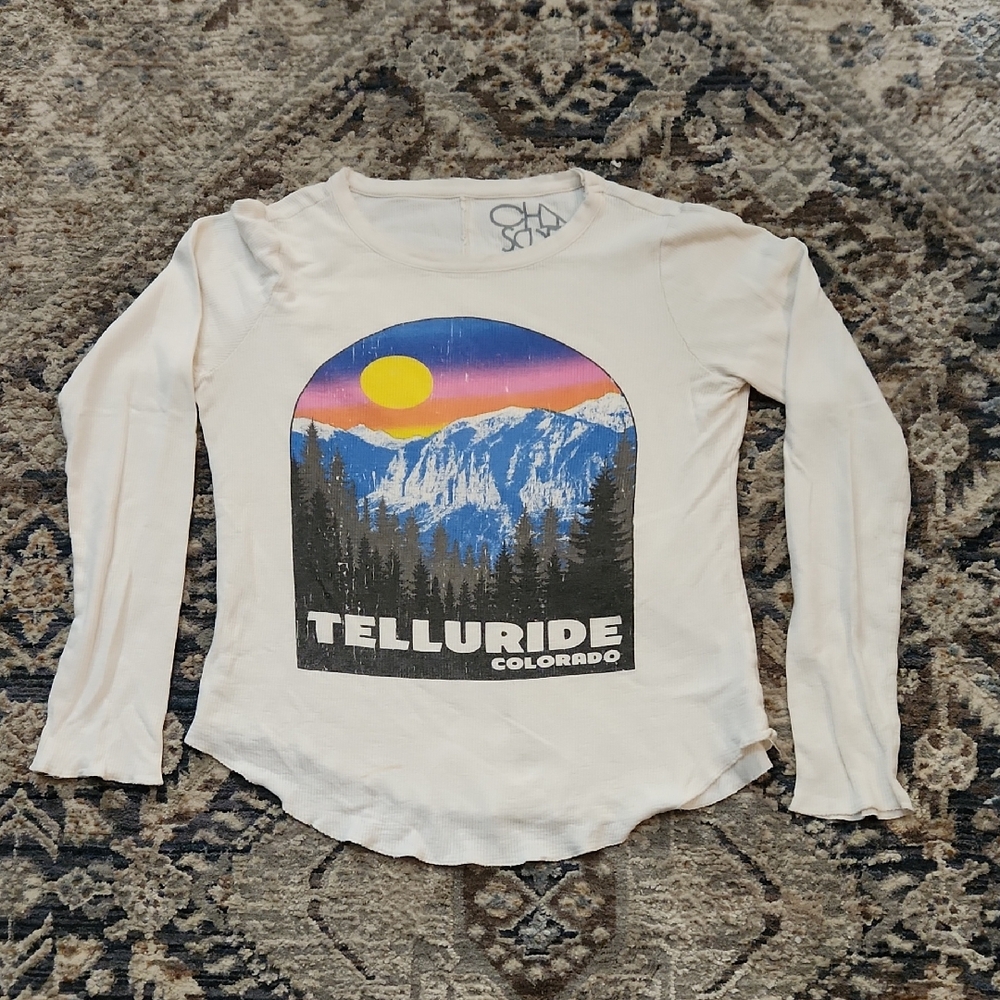 Chaser Telluride Colorado Cream Long Sleeve Termal Graphic Top Spot Front